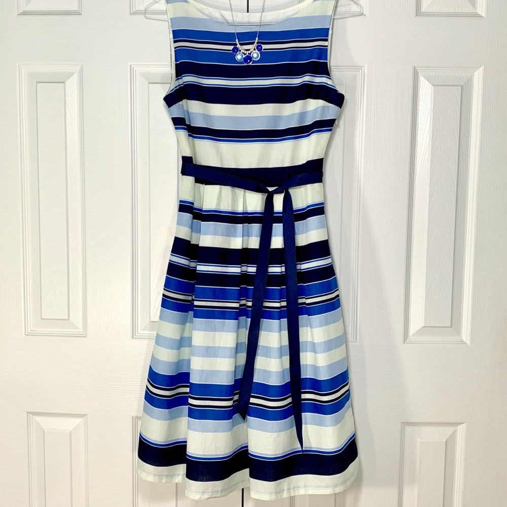 Sleeveless blue & white striped cotton dress, Sz 6